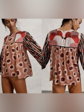 Anthropologie Blank London Mixed-Print Peasant Tunic in Blush and Red Accents